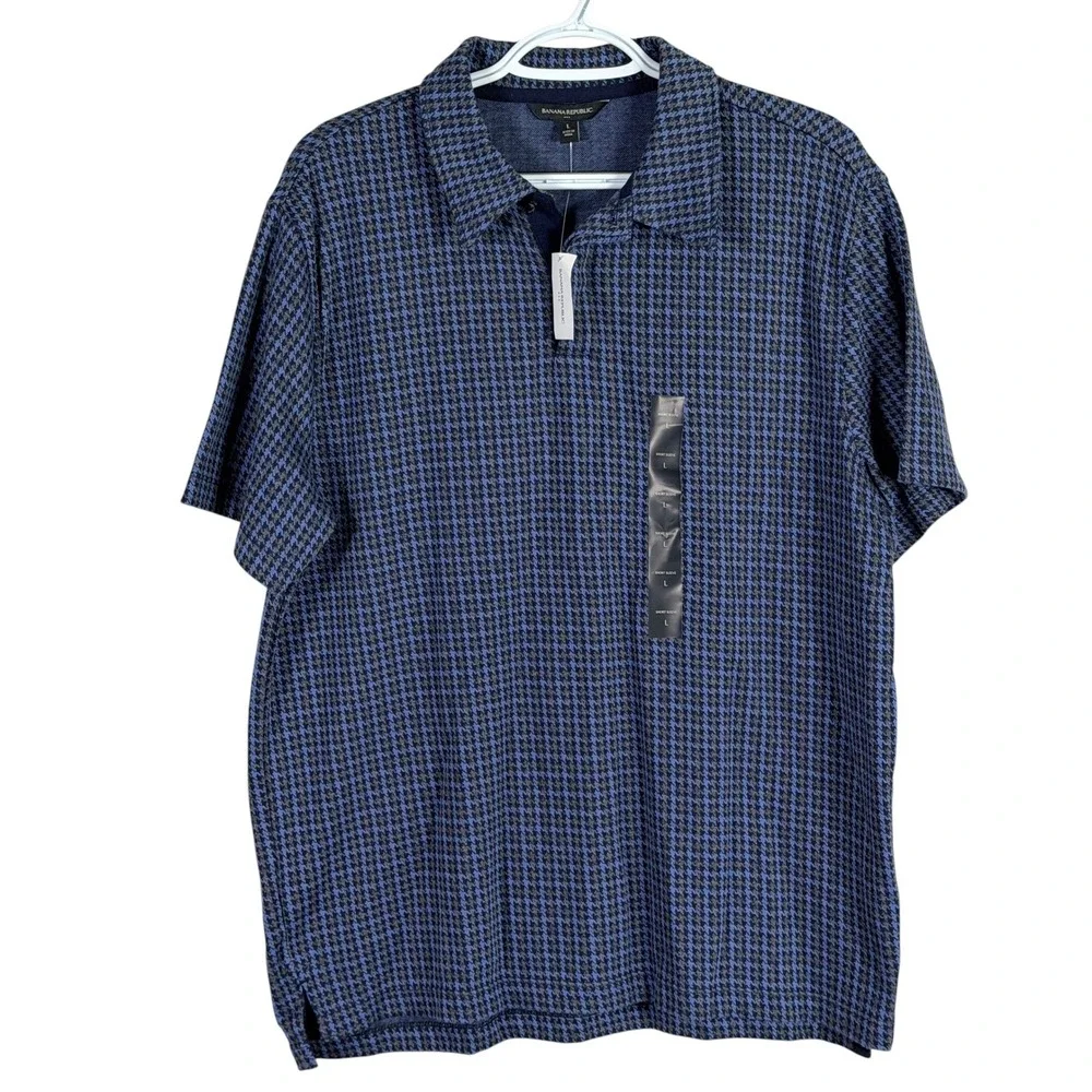 Banana Republic Polo Shirt Mens L Blue Houndstooth Short Sleeve Knit Soft Cotton